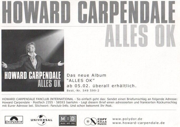Autogramm Schlager | Howard CARPENDALE | 2001 "Alles OK" (Portrait Color Polydor)