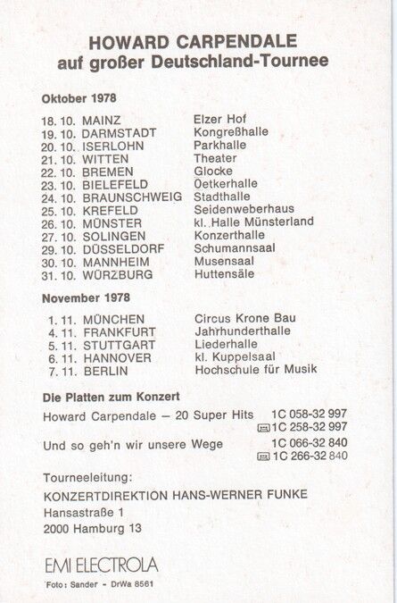 Autogramm Schlager | Howard CARPENDALE | 1978 (Konzert Color EMI) Tour-Karte