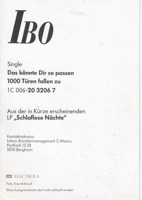 Autogramm Schlager | IBO | 1989 "Schlaflose Nächte" (Portrait Color EMI)