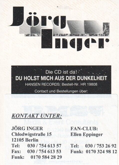 Autogramm Schlager | Jörg INGER | 1990er "Du Holst Mich" (Portrait Color Hansen)