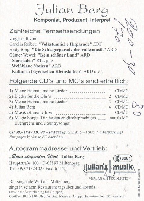 Autogramm Volksmusik | Julian BERG | 1990er (Portrait Color)