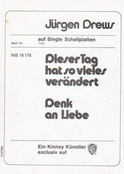 Autogramm Schlager | Jürgen DREWS | 1972 "Dieser Tag" (Portrait SW Warner)