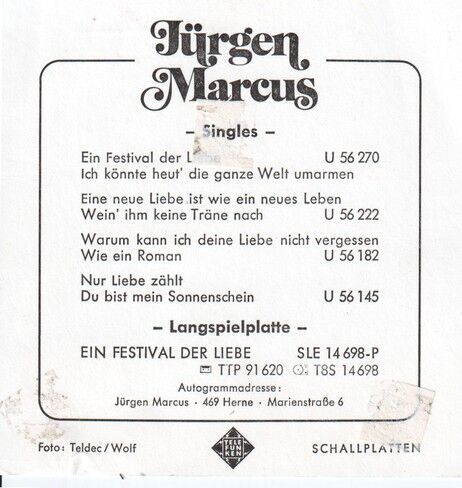 Autogramm Schlager | Jürgen MARCUS | 1973 "Festival Der Liebe" (Portrait Color Telefunken)