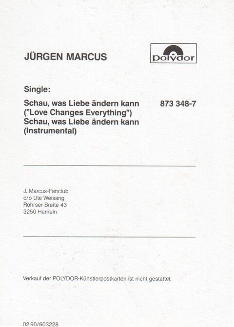Autogramm Schlager | Jürgen MARCUS | 1990 "Love Changes Everything" (Portrait Color Polydor)