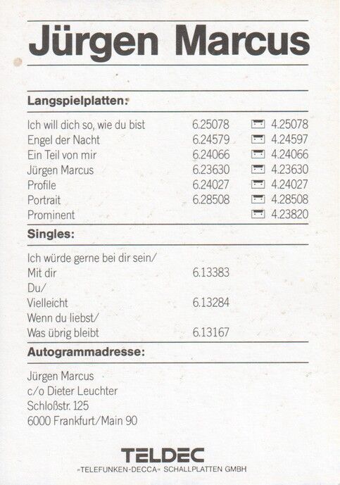 Autogramm Schlager | Jürgen MARCUS | 1982 "Ich Will Dich So" (Portrait Color Teldec)