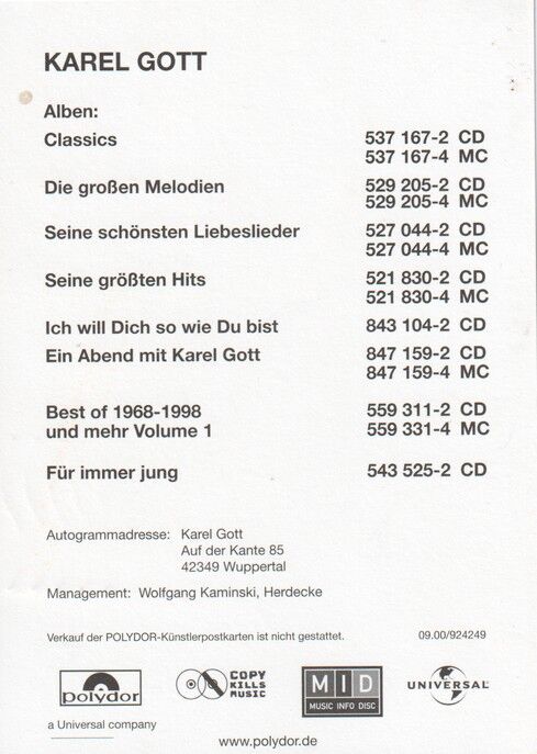 Autogramm Schlager | Karel GOTT | 2000 "Für Immer Jung" (Portrait Color Polydor) 2