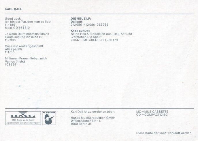Autogramm Musik / TV | Karl DALL | 1992 "Dallsatt!" (Portrait Color BMG)