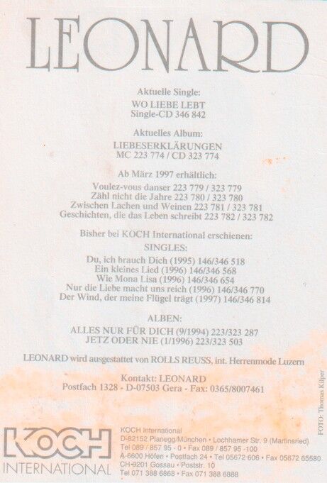 Autogramm Schlager | LEONARD | 1997 "Liebeserklärungen" (Portrait Color Koch)
