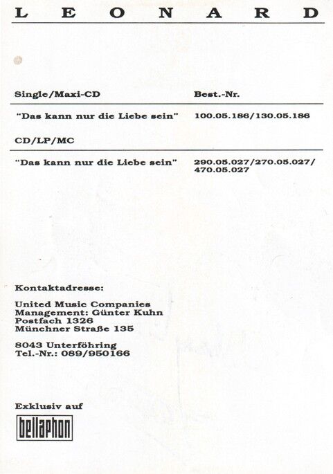 Autogramm Schlager | LEONARD | 1992 "Das Kann Nur Liebe Sein" (Portrait Color Bellaphon)