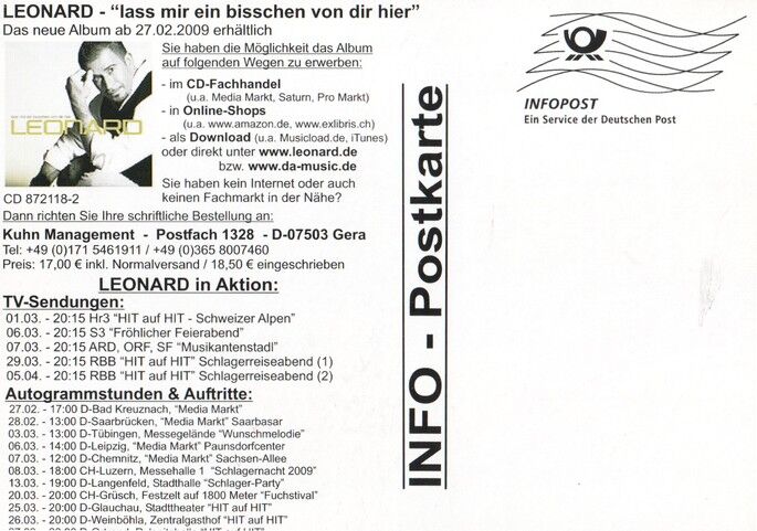 Autogramm Schlager | LEONARD | 2009 "Lass Ein Bisschen Hier" (Portrait SW DA)