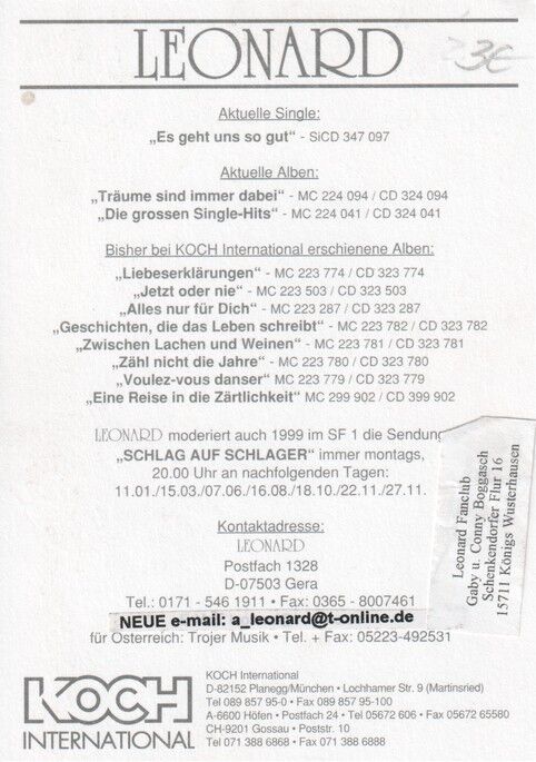 Autogramm Schlager | LEONARD | 1998 "Träume Sind Immer Dabei" (Portrait Color Koch)