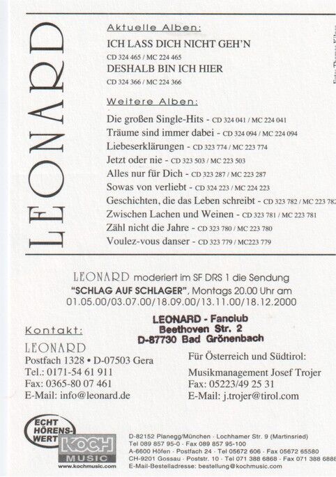 Autogramm Schlager | LEONARD | 2000 "Ich Lass Dich Nicht Gehn" (Portrait Color Koch)