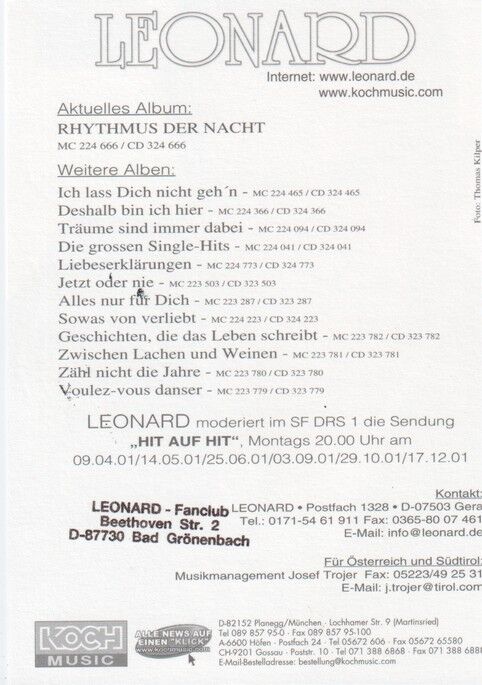 Autogramm Schlager | LEONARD | 2001 "Rhythmus Der Nacht" (Portrait Color Koch)