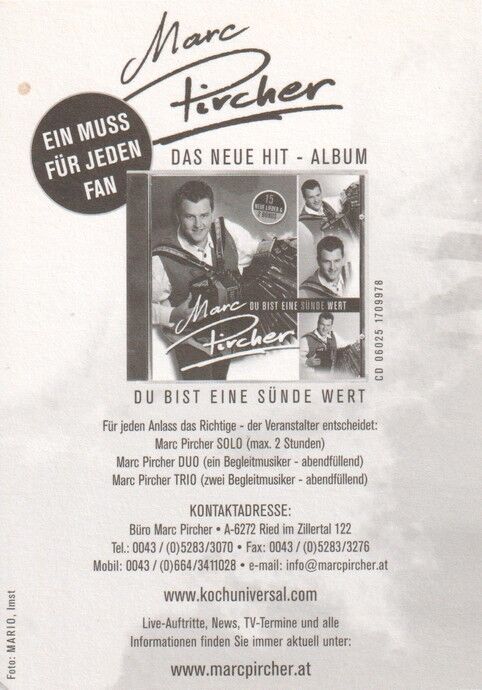 Autogramm Volksmusik | Marc PIRCHER | 2007 "Eine Sünde Wert" (Portrait Color Koch)