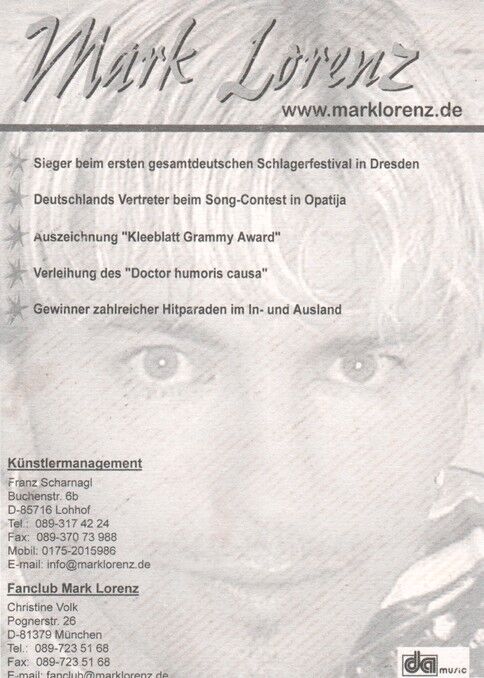 Autogramm Schlager | Mark LORENZ | 1990er (Portrait Color DA)
