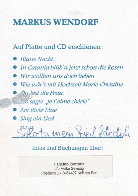 Autogramm Schlager | Markus WENDORF | 1980er (Portrait Color Fanclub)