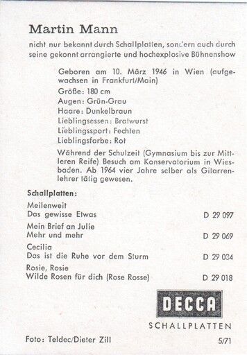 Autogramm Schlager | Martin MANN | 1971 "Meilenweit" (Portrait Color Decca)