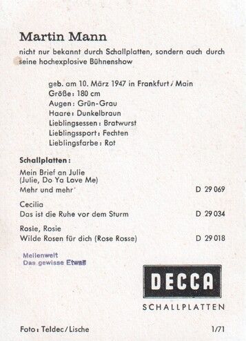Autogramm Schlager | Martin MANN | 1970 "Mein Brief An Julie" (Portrait Color Decca)