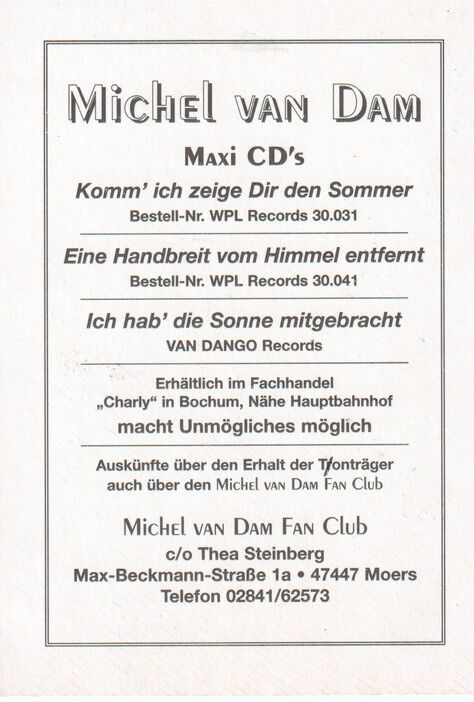 Autogramm Schlager | Michel VAN DAM | 1997 "Ich Hab Die Sonne" (Portrait Color Fanclub)