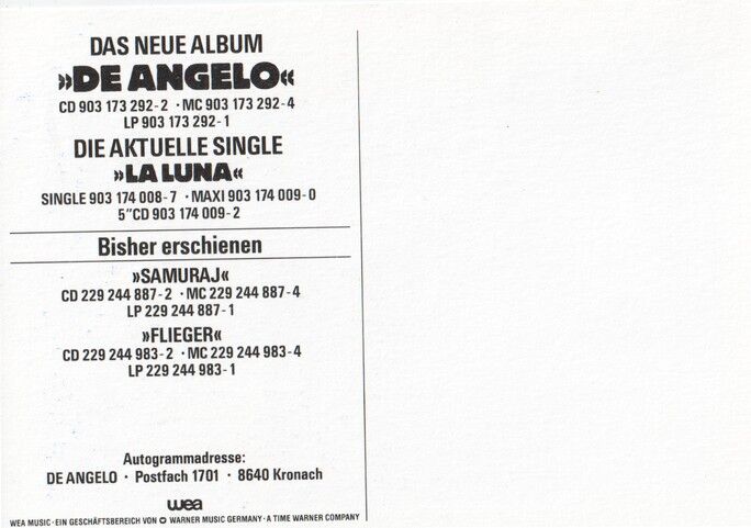Autogramm Schlager | Nino DE ANGELO | 1990 "De Angelo" (Portrait SW WEA)