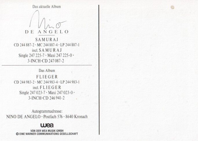 Autogramm Schlager | Nino DE ANGELO | 1989 "Samuraj" (Portrait SW WEA)