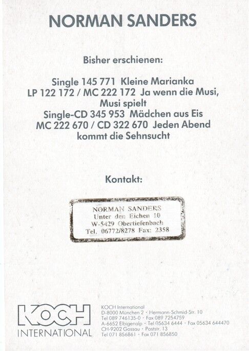 Autogramm Schlager | Norman SANDERS | 1990 "Kleine Marianka" (Portrait Color Koch)