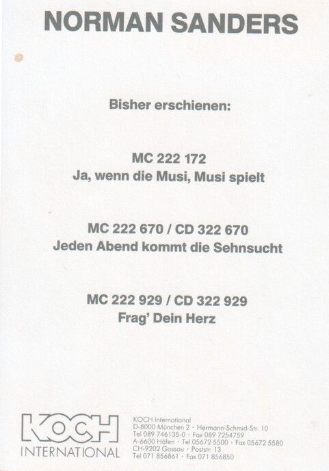 Autogramm Schlager | Norman SANDERS | 1993 "Frag Dein Herz" (Portrait Color Koch)