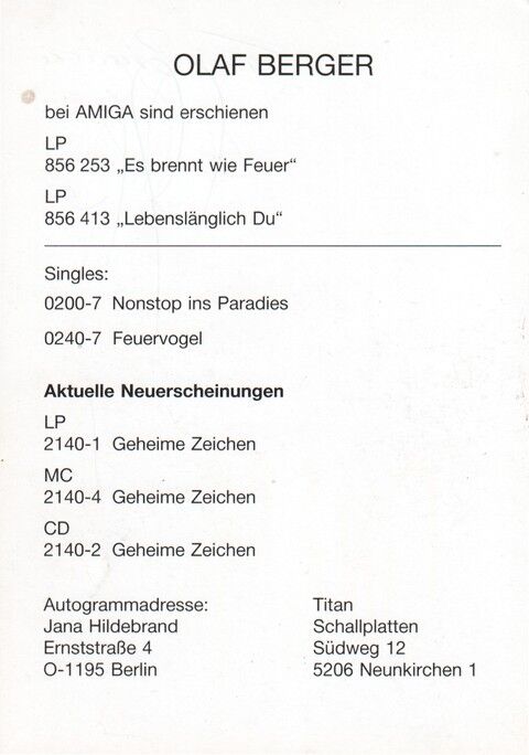 Autogramm Schlager | Olaf BERGER | 1991 "Geheime Zeichen" (Portrait Color Titan)
