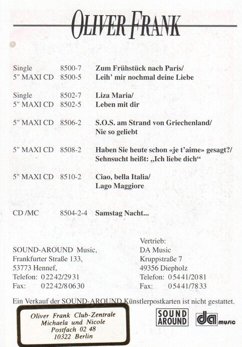 Autogramm Schlager | Oliver FRANK | 1997 "Samstag Nacht" (Portrait Color Sound)