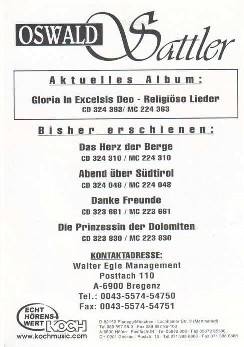 Autogramm Volksmusik | Oswald SATTLER | 1999 "Gloria In Excelsis Deo" (Portrait Color Koch)