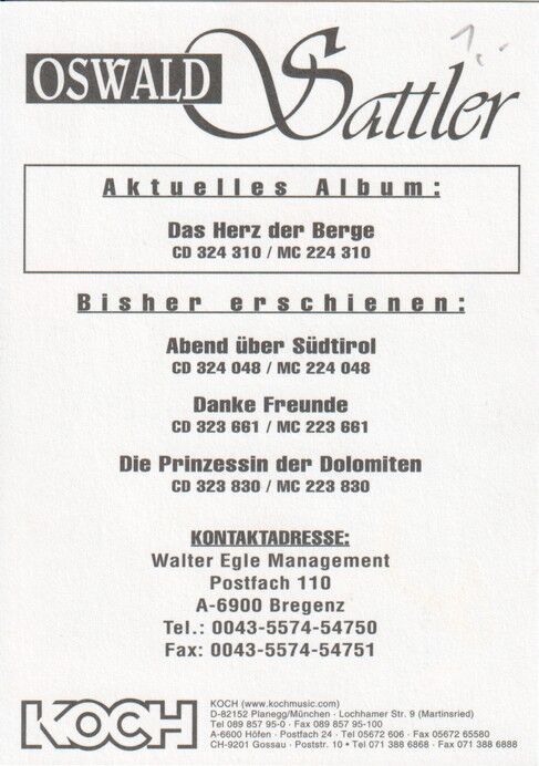 Autogramm Volksmusik | Oswald SATTLER | 1999 "Herz Der Berge" (Portrait Color Koch)