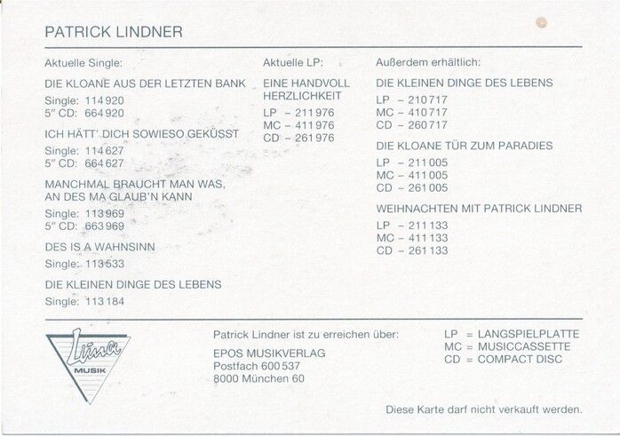 Autogramm Volksmusik | Patrick LINDNER | 1991 "Eine Handvoll Herzlichkeit" (Portrait Color Luna)