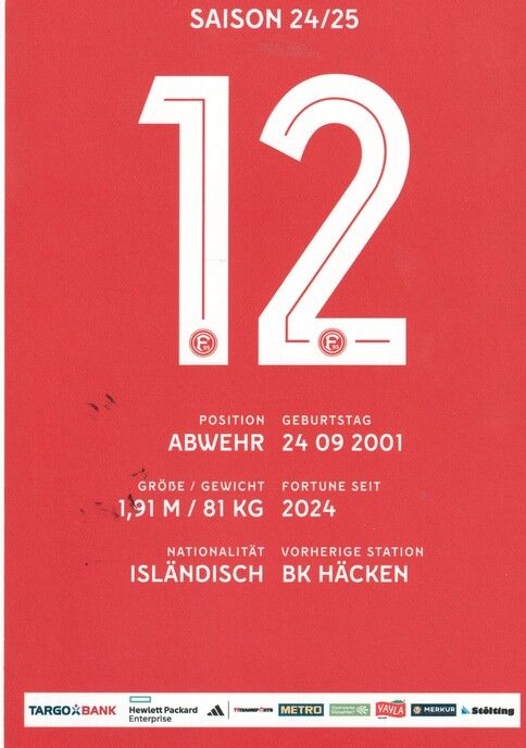 Autogramm Fussball | Fortuna Düsseldorf | 2024 | Valgeir LUNDDAL