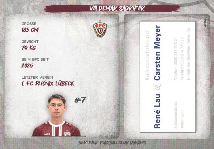 Autogramm Fussball | BFC Dynamo Berlin | 2025 | Valdemar SADRIFAR