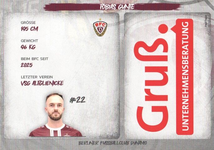 Autogramm Fussball | BFC Dynamo Berlin | 2025 | Tobias GUNTE