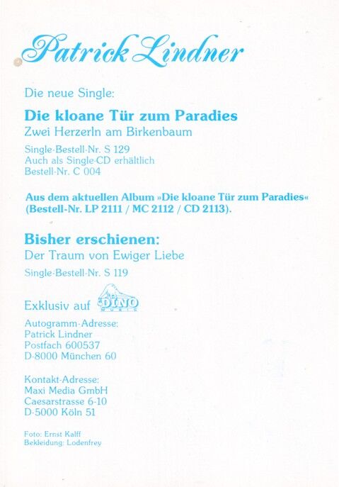 Autogramm Volksmusik | Patrick LINDNER | 1989 "Die Kloane Tür" (Portrait Color Dino)