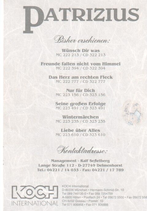 Autogramm Schlager | PATRIZIUS | 1996 "Liebe Über Alles" (Portrait Color Koch)