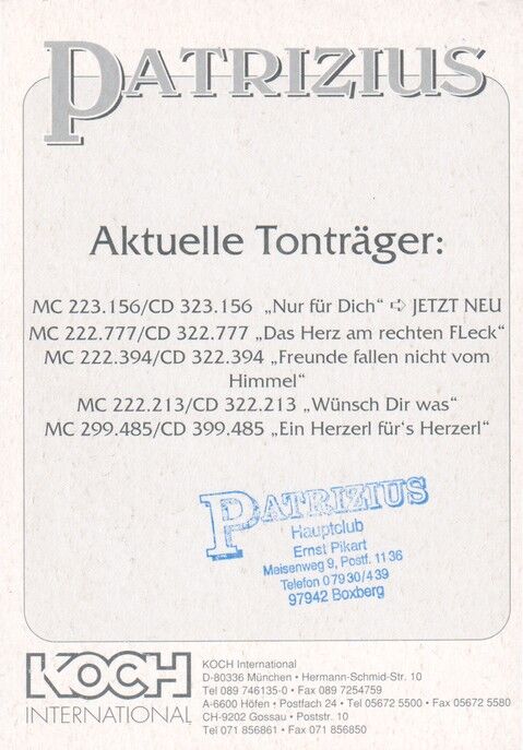 Autogramm Schlager | PATRIZIUS | 1993 "Nur Für Dich" (Portrait Color Koch)