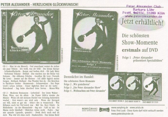 Autogramm Schlager | Peter ALEXANDER | 2006 "Herzlichen Glückwunsch" (Portrait Color Sony)