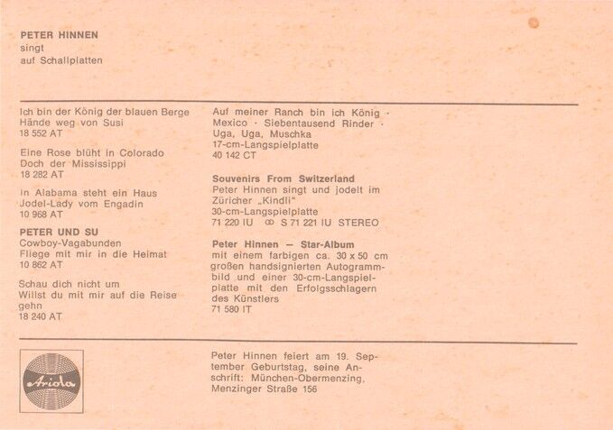 Autogramm Schlager | Peter HINNEN | 1965 "Peter Und Su" (Portrait Color Ariola)