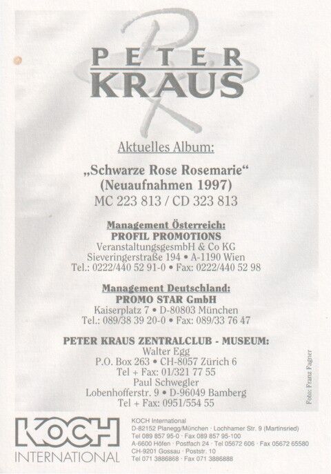 Autogramm Rock | Peter KRAUS | 1997 "Schwarze Rose Rosemarie" (Portrait Color Koch)