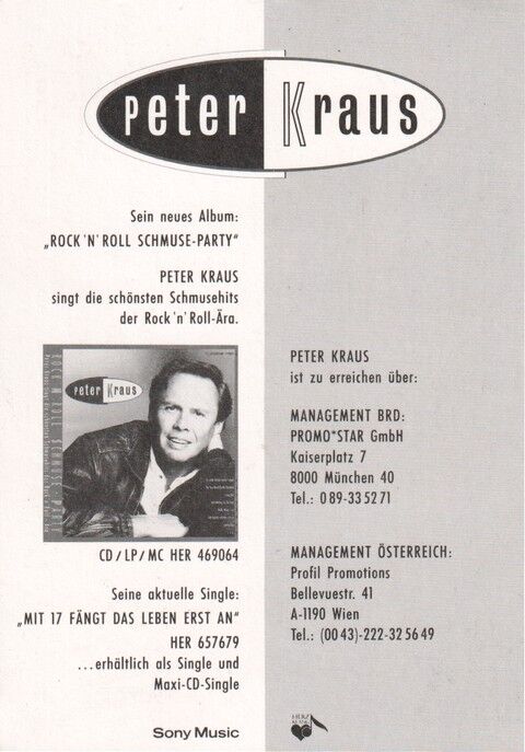 Autogramm Rock | Peter KRAUS | 1991 "Rock N Roll Schmuseparty" (Portrait SW Sony)