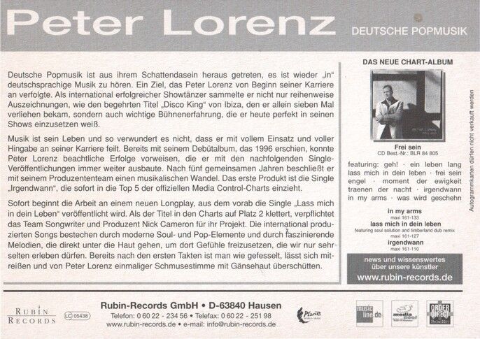 Autogramm Schlager | Peter LORENZ | 2003 "Frei Sein" (Portrait Color Rubin)