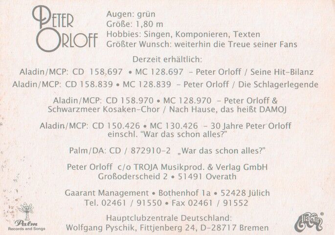 Autogramm Schlager | Peter ORLOFF | 1980er (Portrait Color Palm)