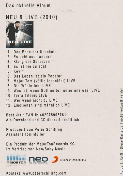 Autogramm Pop | Peter SCHILLING | 2010 "Neu & Live" (Portrait Color) NDW