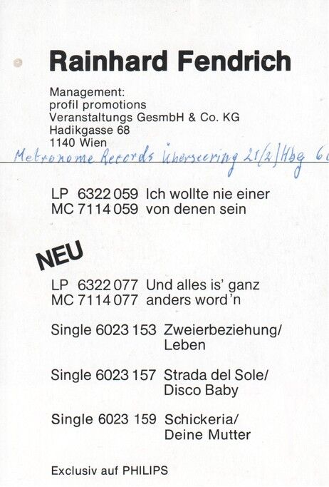 Autogramm Pop | Rainhard FENDRICH | 1981 "Und Alles Ist Ganz Anders" (Portrait SW Philips)