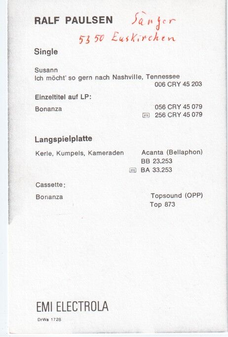 Autogramm Country | Ralf PAULSEN | 1969 "Kerle Kumpels Kameraden" (Portrait SW EMI)