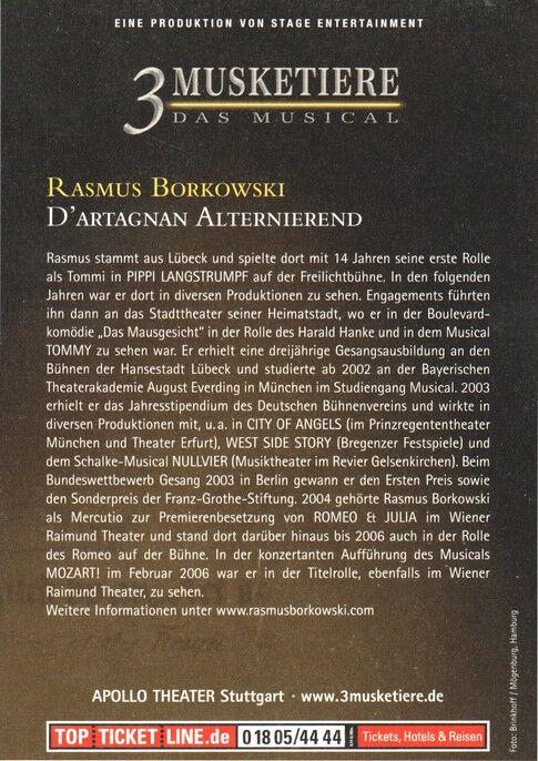 Autogramm Musical | Rasmus BORKOWSKI | 2000er "3 Musketiere" (Portrait Color Apollo)