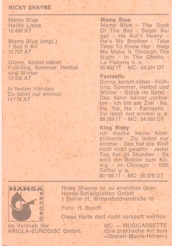 Autogramm Schlager | Ricky SHAYNE | 1971 "Mamy Blue" (Portrait SW Hansa)