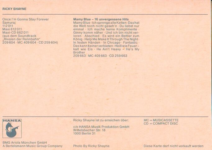 Autogramm Schlager | Ricky SHAYNE | 1989 "Once I´m Gonny Stay" (Portrait Color Hansa)